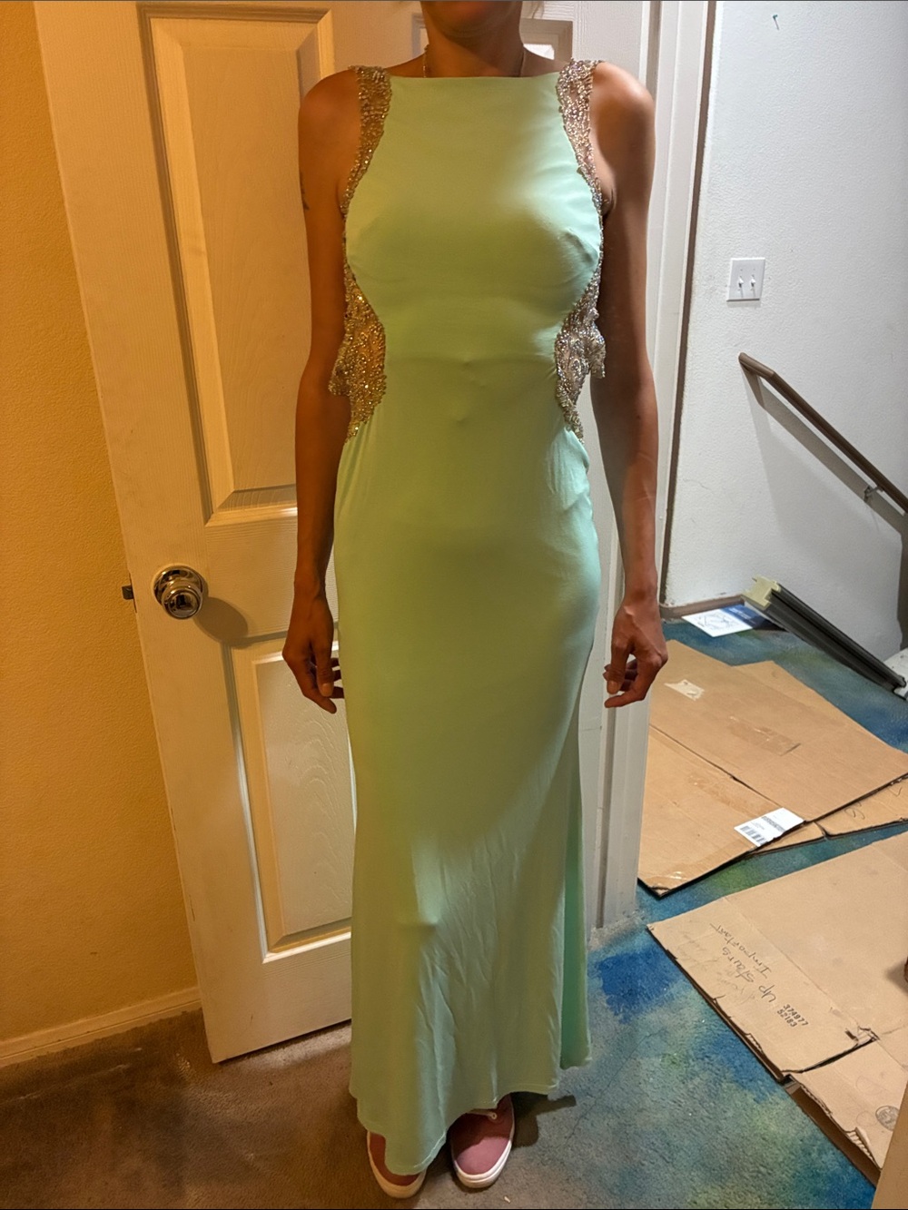 La Femme Mint Green Beaded Side Cutout Evening Gown